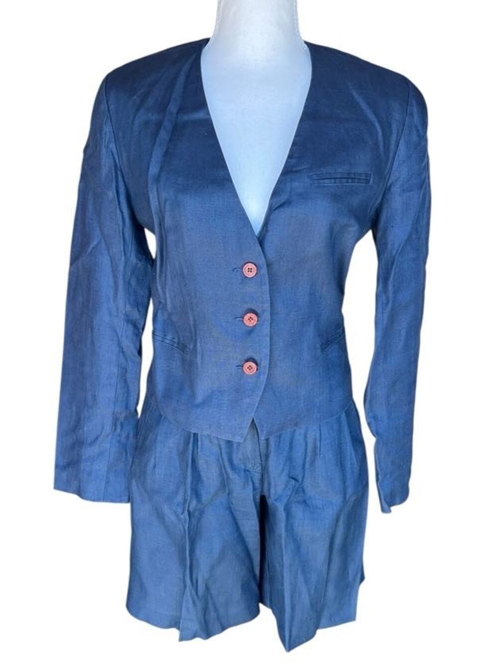 Nordstrom Point of View Women's Linen Blazer & Shorts Set Belted Navy Blue Sz 6